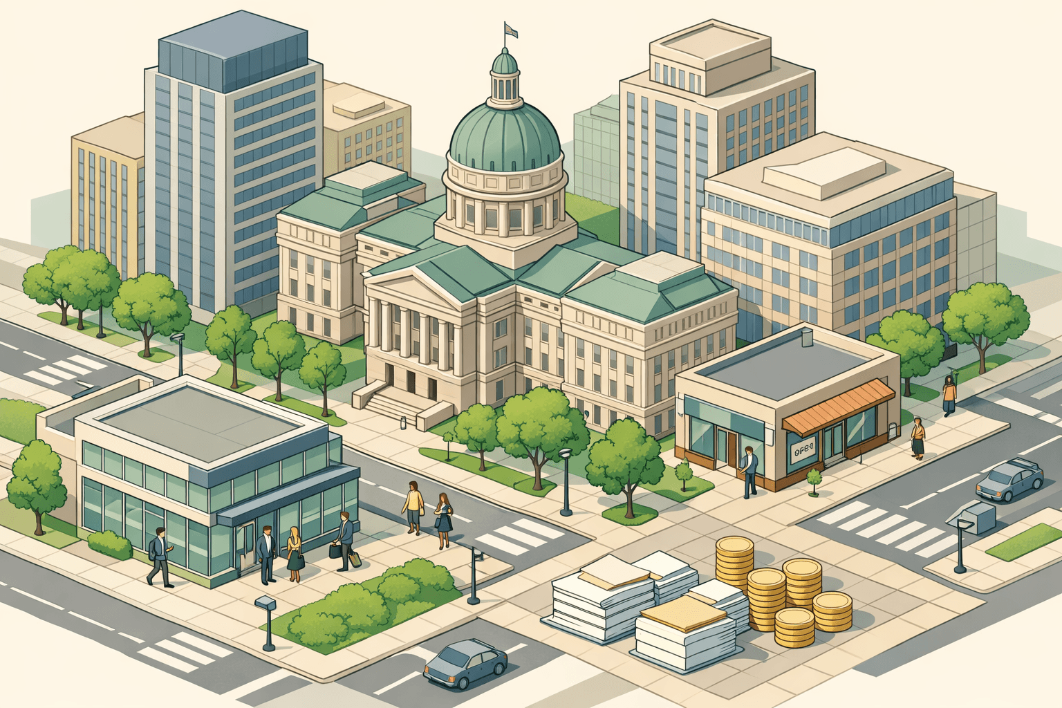 Isometric view of an Indiana city block with a bank branch, commercial office buildings, and small business storefronts representing local business lending.
