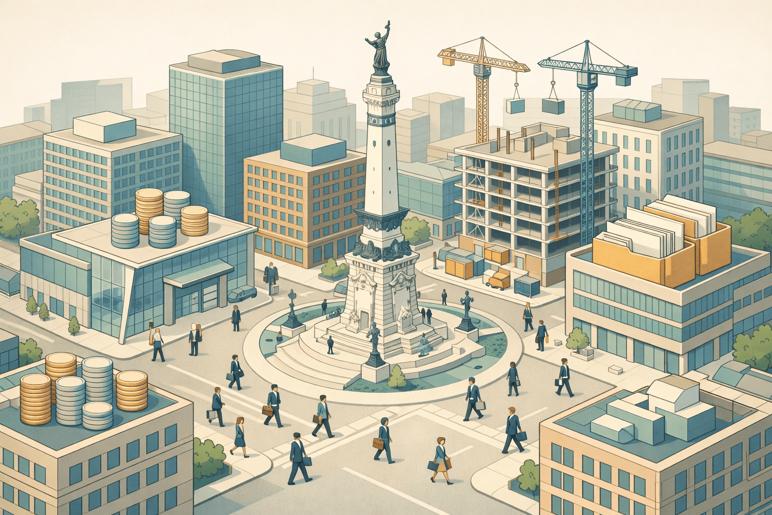 Isometric view of downtown Indianapolis with the Soldiers and Sailors Monument, office buildings, a bank branch, and small figures representing business owners seeking loans.