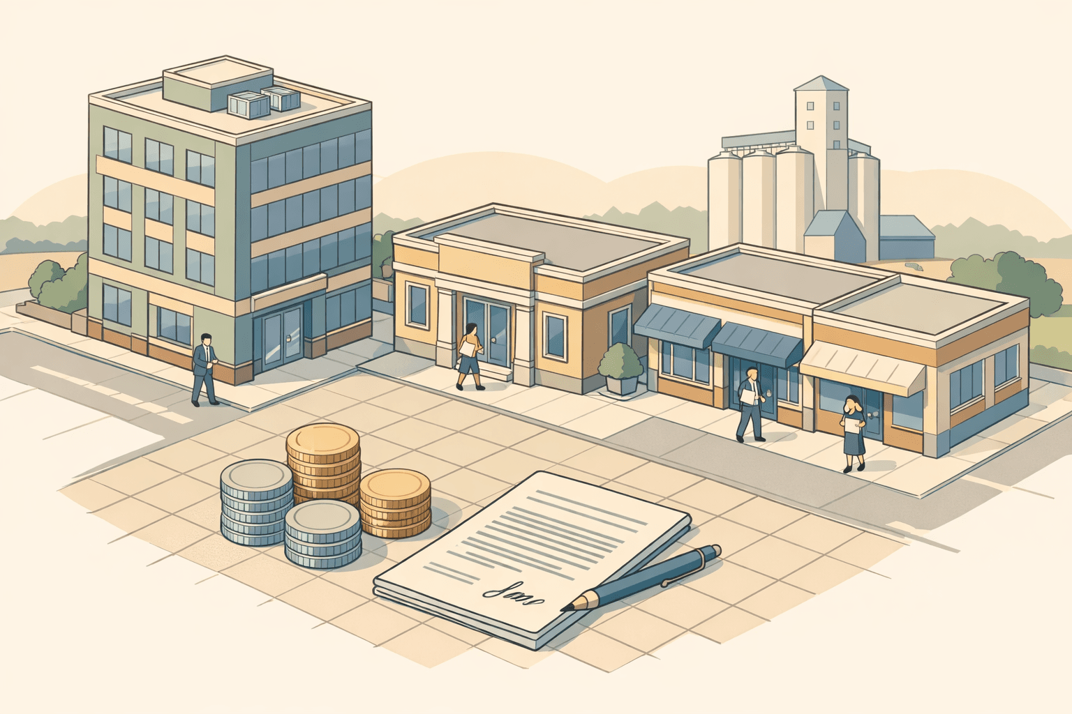 Isometric illustration of a Kansas small business district with a community bank, commercial buildings, and entrepreneurs carrying loan documents.