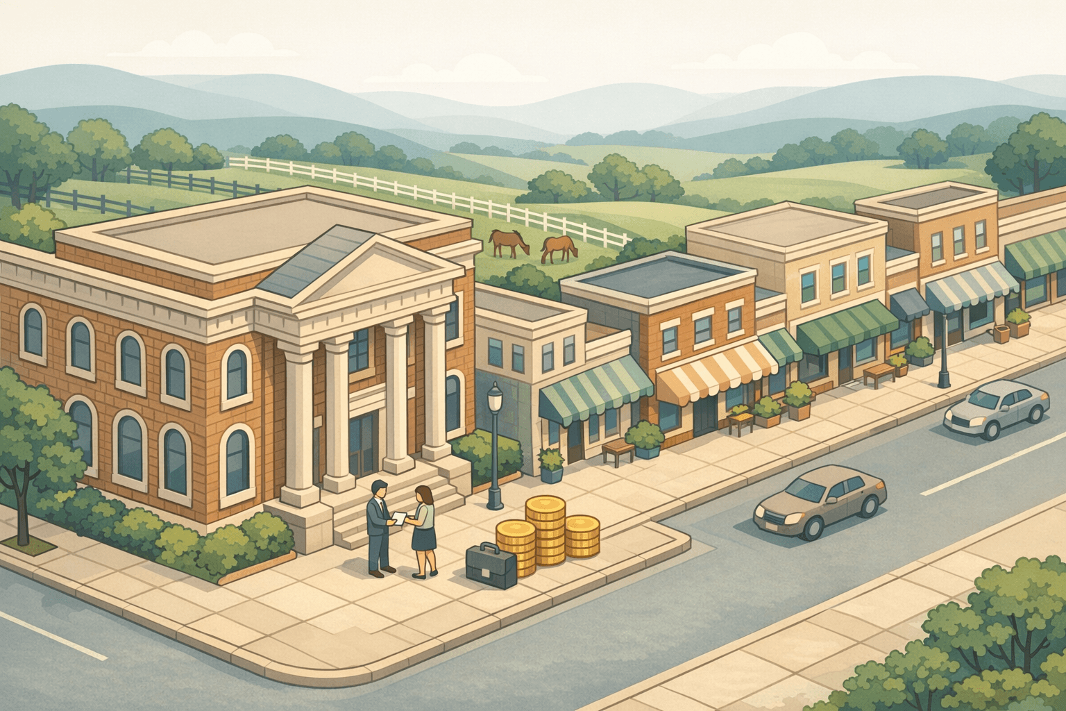 Isometric illustration of a Kentucky downtown bank building with small business storefronts and bluegrass hills in the background.