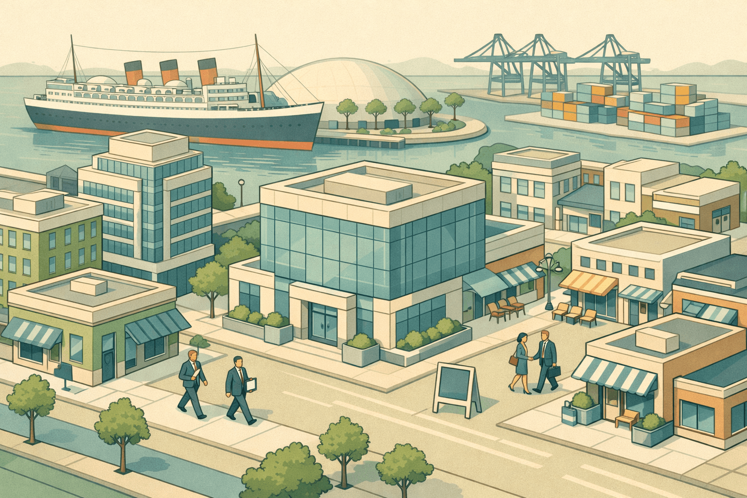Isometric illustration of Long Beach with the Queen Mary, port cranes, a community bank building, and small business owners walking through a commercial district.