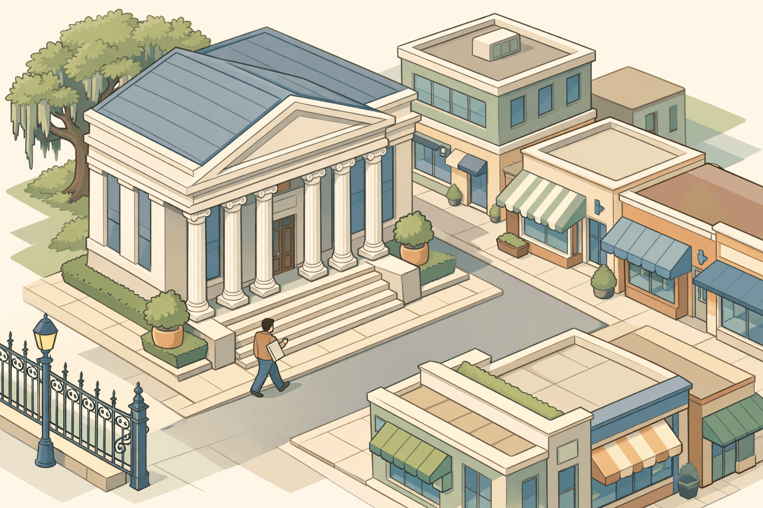 Isometric scene of a Louisiana downtown bank building with small business storefronts and a business owner walking toward the entrance.