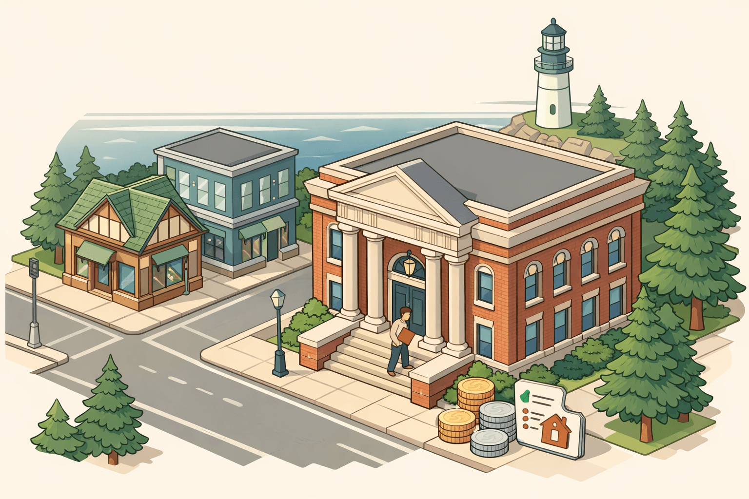 Isometric illustration of a Maine coastal business district with a community bank, small commercial buildings, a lighthouse, and a small business owner figure.