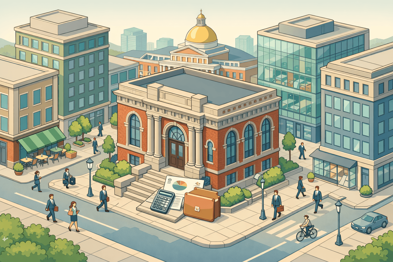 Isometric view of a Massachusetts downtown business district with a historic bank building, modern offices, and small figures representing business borrowers.