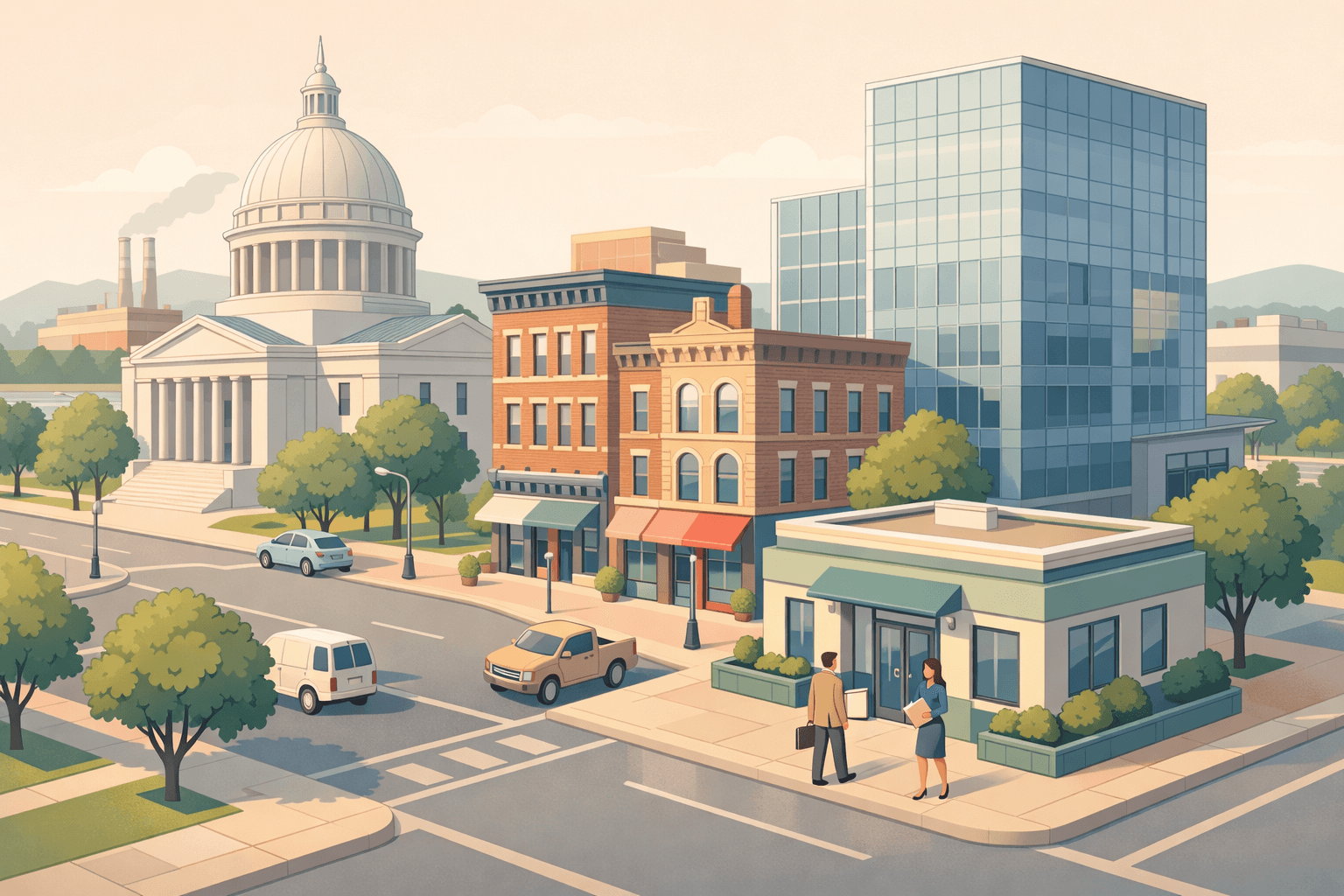 Isometric Milwaukee cityscape with a community bank, historic brick buildings, a civic dome, and small business owners approaching the entrance.