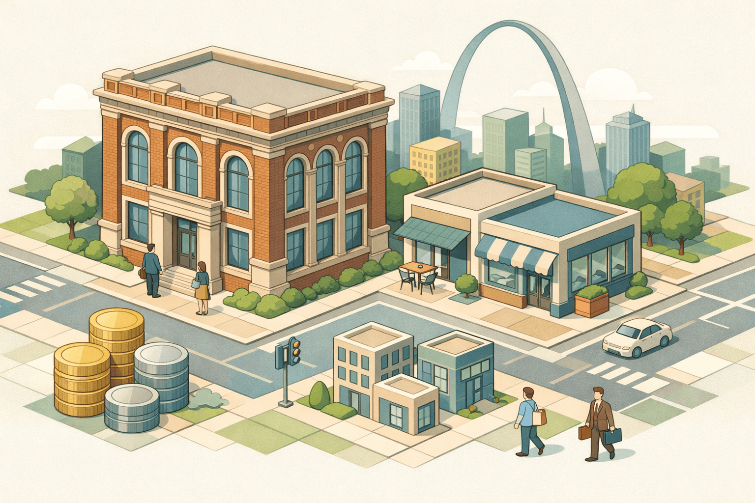 Isometric illustration of a Missouri downtown bank and small business district with the Gateway Arch in the background and business owners nearby.
