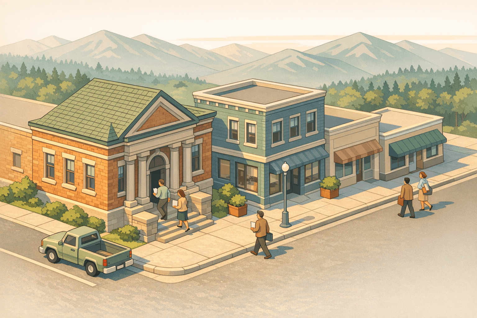 Isometric scene of a Montana small town business district with a brick bank building, commercial offices, mountain backdrop, and small figures of business owners.
