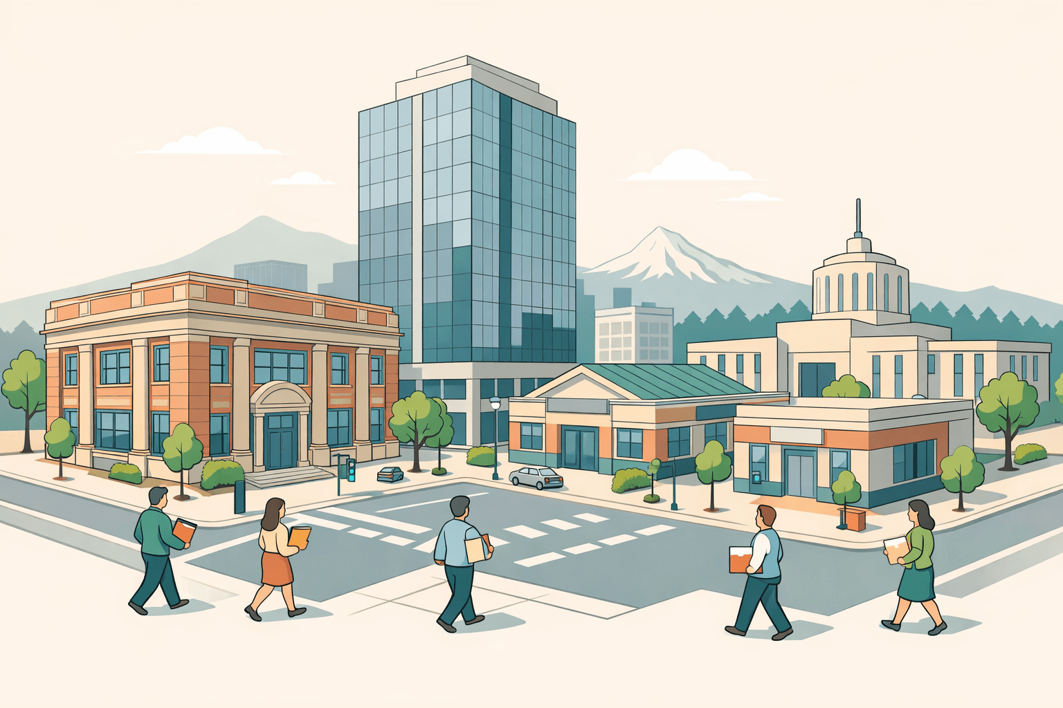 Isometric street scene showing Oregon business buildings including a community bank, office tower, and credit union with Mount Hood in the background.