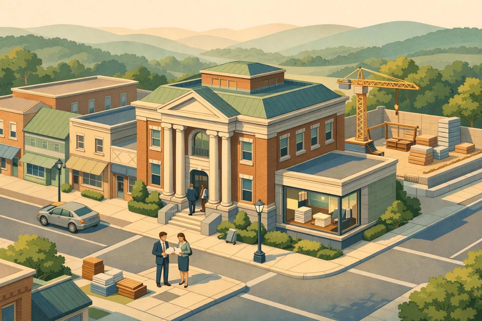 Isometric view of a Pennsylvania small town with a brick bank building, nearby businesses, a construction crane, and tiny figures conducting business outside.