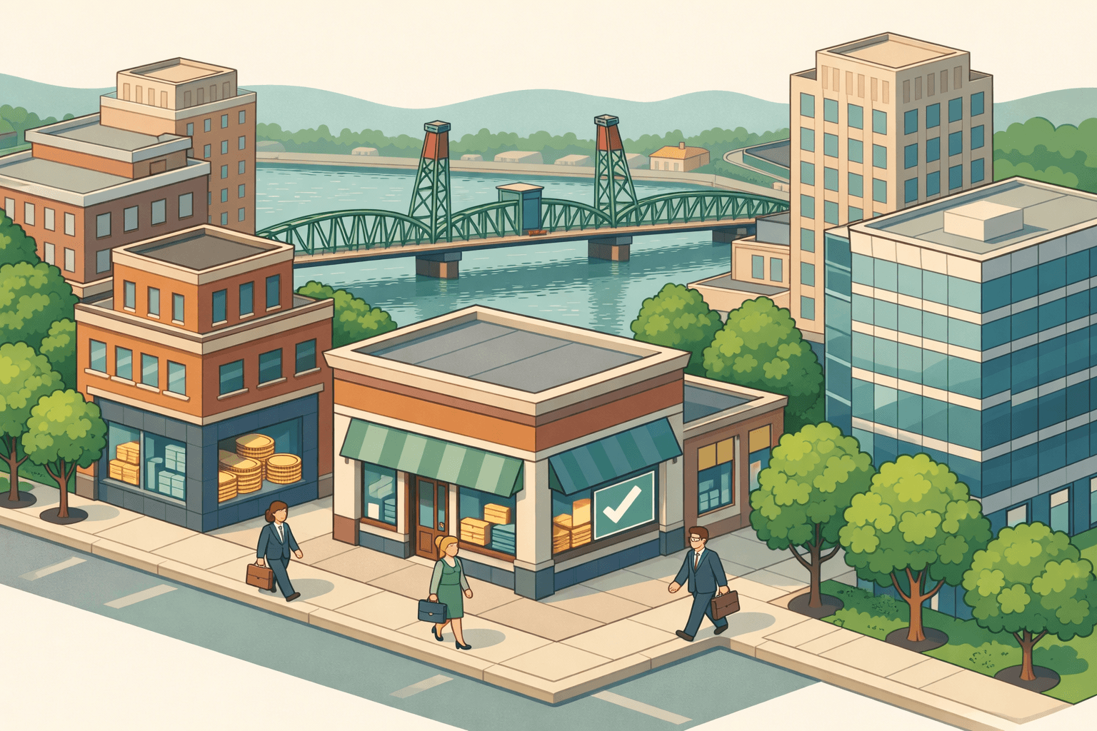 Isometric Portland cityscape with a bridge, brick storefronts, a small bank office, and tiny business owners walking along a tree-lined street near a river.