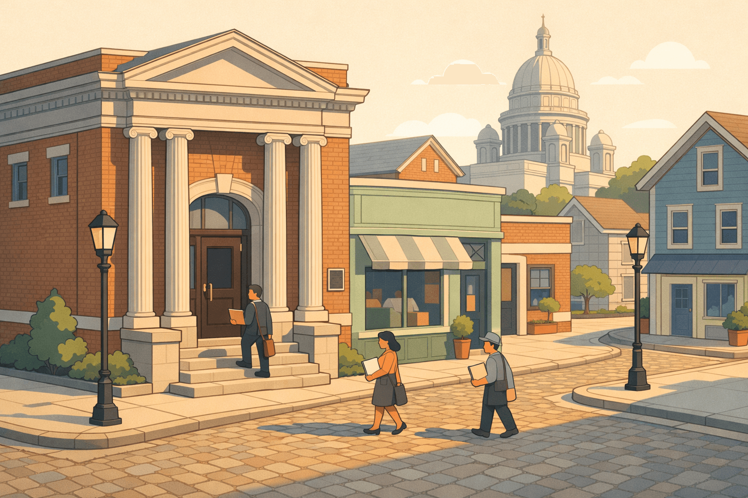 Isometric scene of a Rhode Island downtown with a historic community bank, small business storefronts, and a capitol dome in the background.
