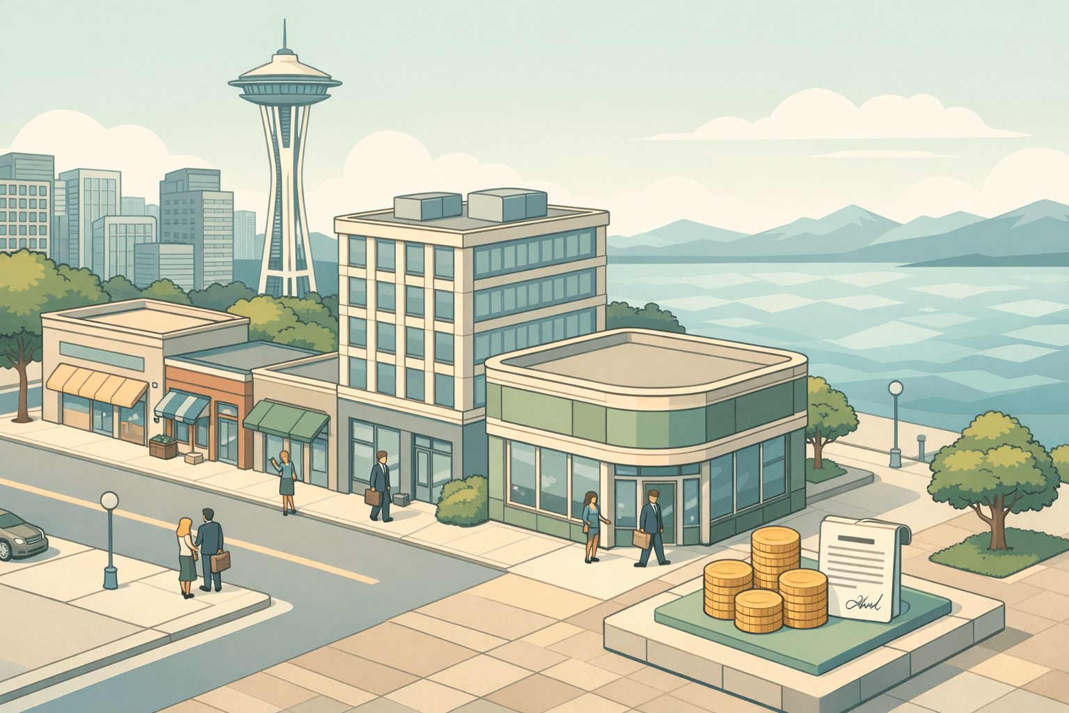 Isometric scene of a Seattle business district with small storefronts, an office building, a bank branch, and tiny figures representing small business owners.