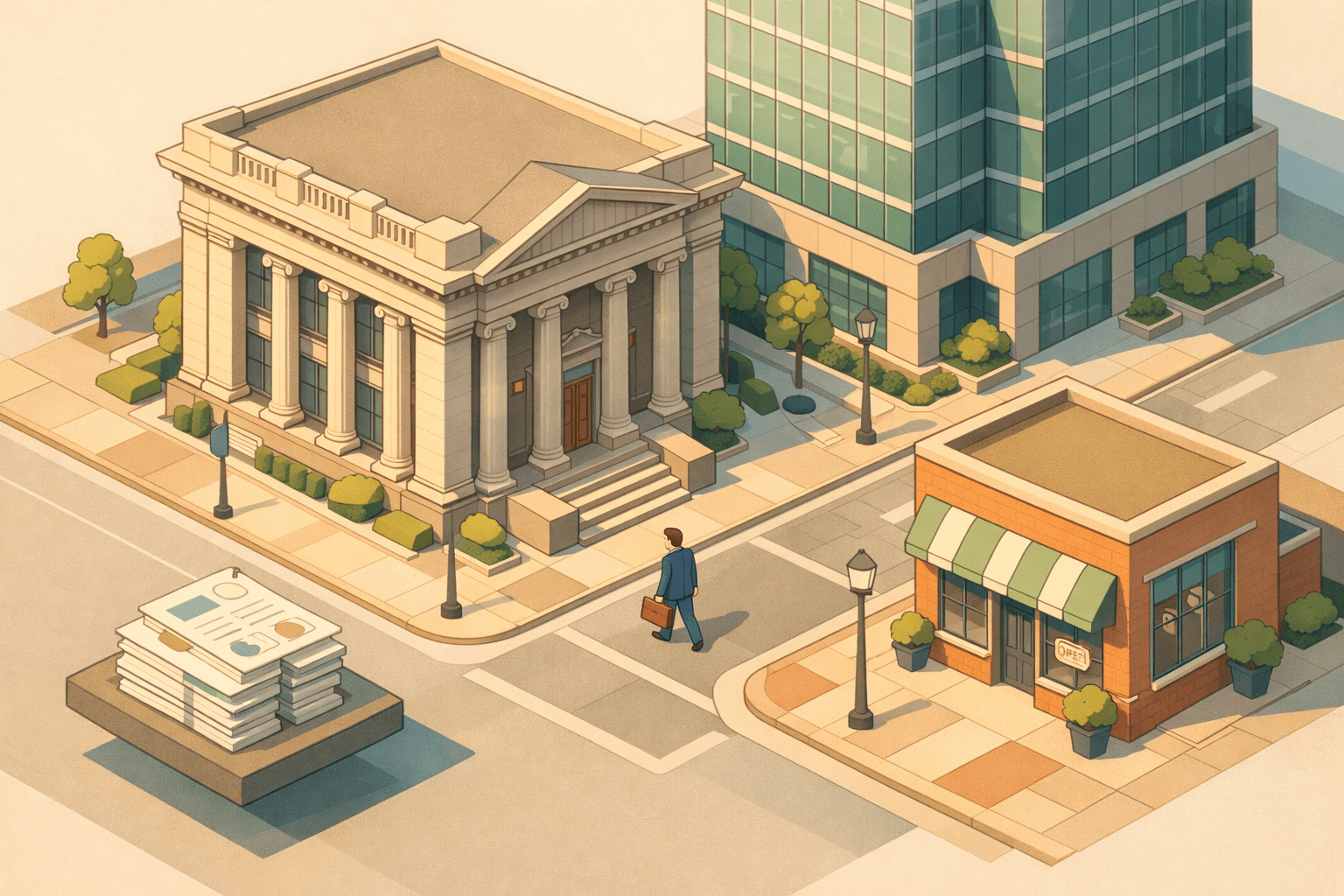 Isometric view of a South Carolina downtown street with a historic bank building, modern office tower, and a small business owner walking toward the entrance.
