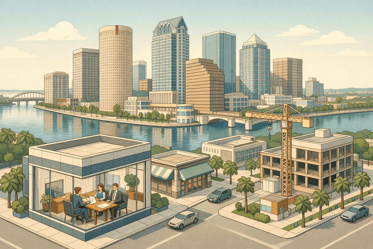 Isometric view of Tampa's downtown waterfront with a commercial bank office, business owners at a loan desk, and small office buildings nearby.