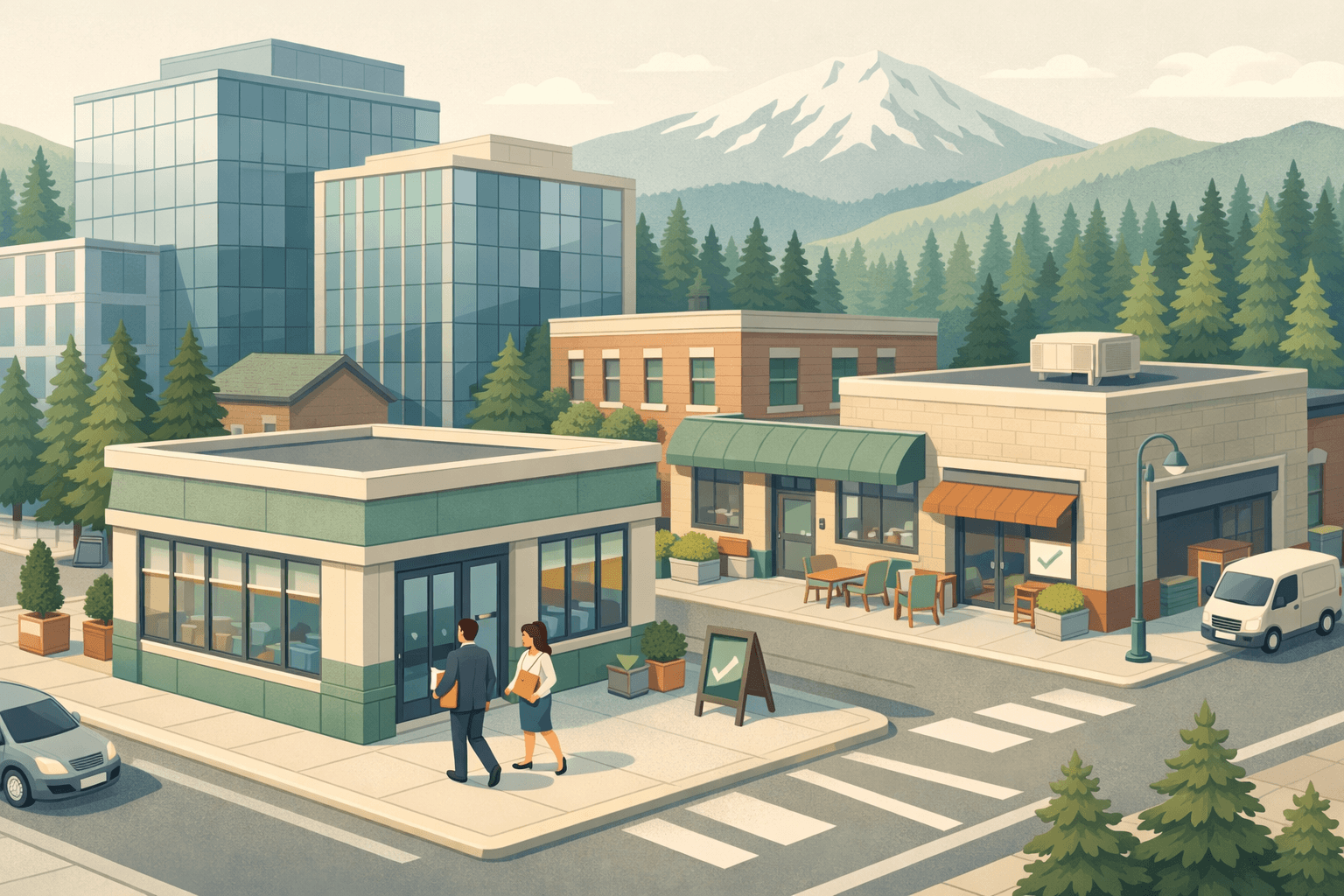 Isometric view of a Pacific Northwest commercial street with a regional bank, small businesses, pine trees, and a mountain in the background.