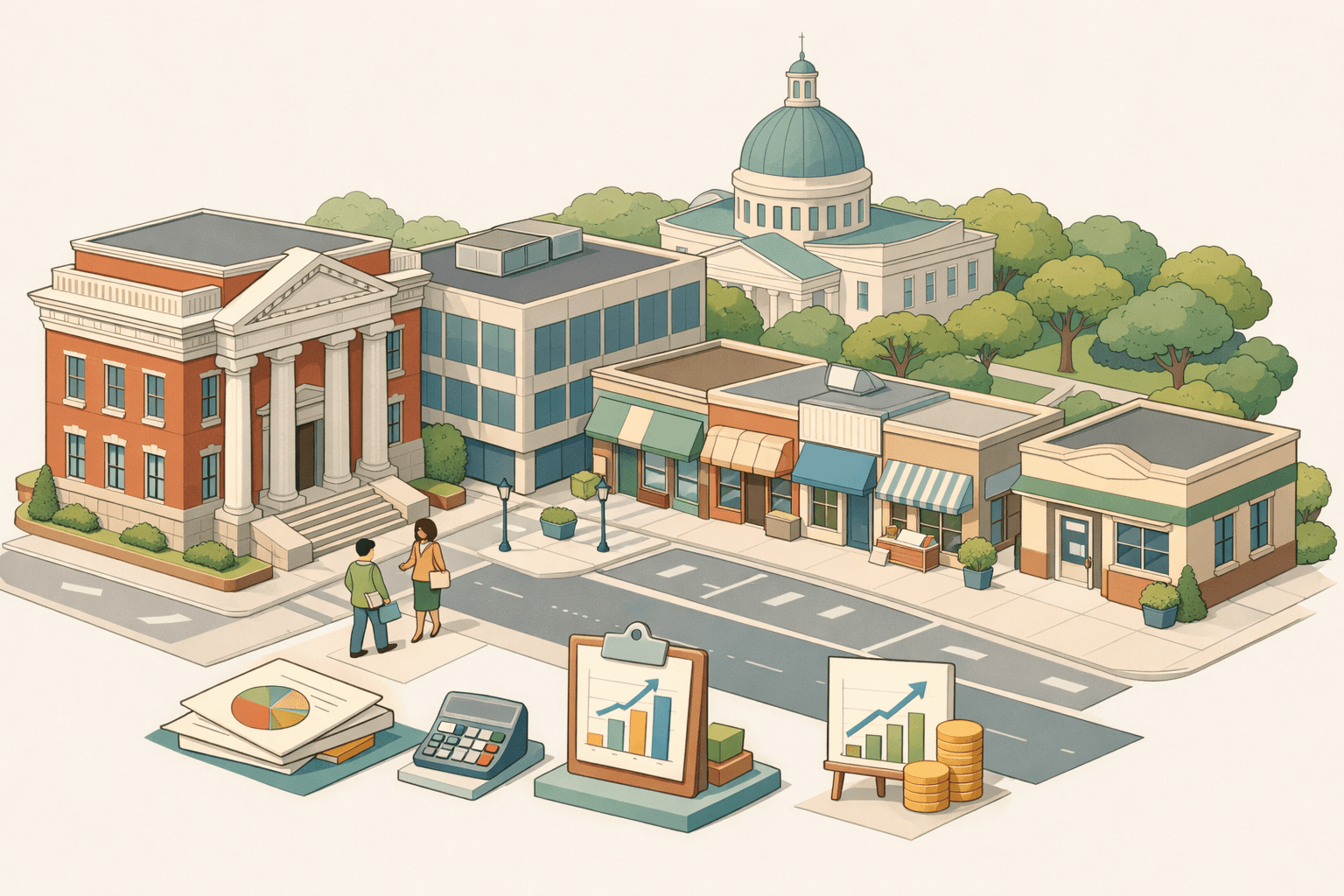Isometric scene of a Virginia business district with a historic bank, local storefronts, a credit union, and small business owners approaching lenders.