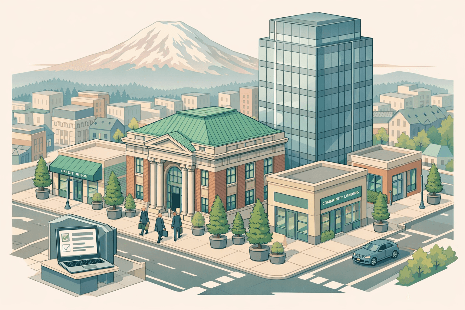 Isometric illustration of a Pacific Northwest city block with a bank, office tower, and community lenders near a stylized Mount Rainier.