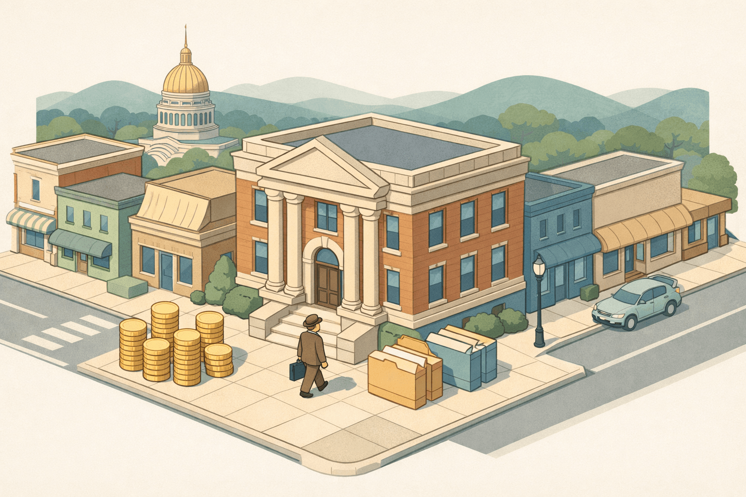 Isometric illustration of a West Virginia downtown bank building with a capitol dome in the background and a small business owner approaching the entrance.