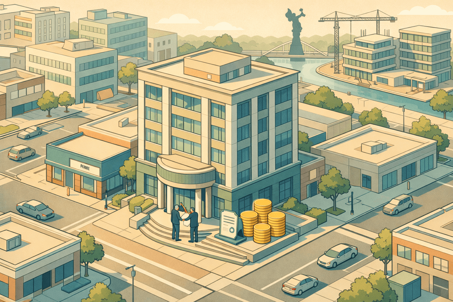 Isometric view of a Wichita downtown bank building with small business storefronts, a construction site, and tiny figures exchanging loan documents outside.