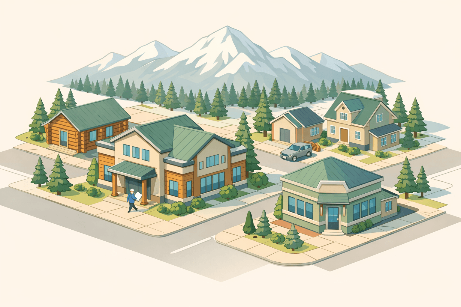 Isometric view of a small Alaskan town with a bank, residential homes, and snowy mountains in the background representing local mortgage lending.