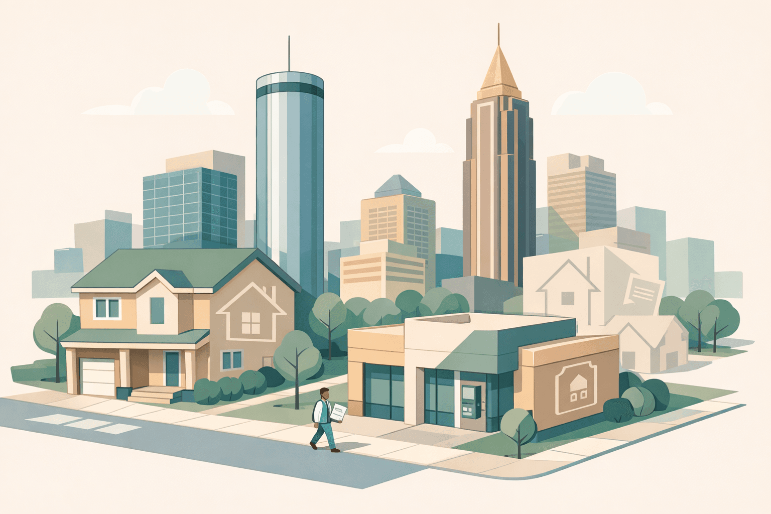 Isometric scene of Atlanta landmarks alongside a residential home and small bank branch with a tiny figure carrying mortgage documents on a clean geometric street.
