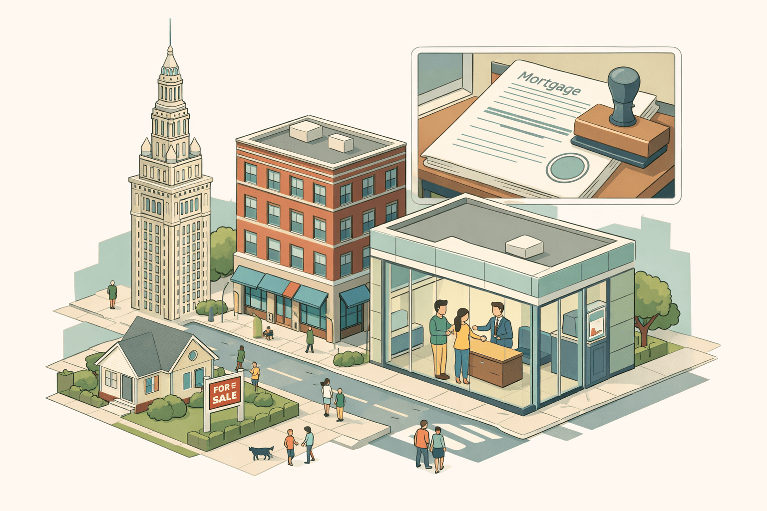 Isometric view of Cleveland buildings with a mortgage lending office, a couple receiving keys, and a residential property with a for sale sign nearby.