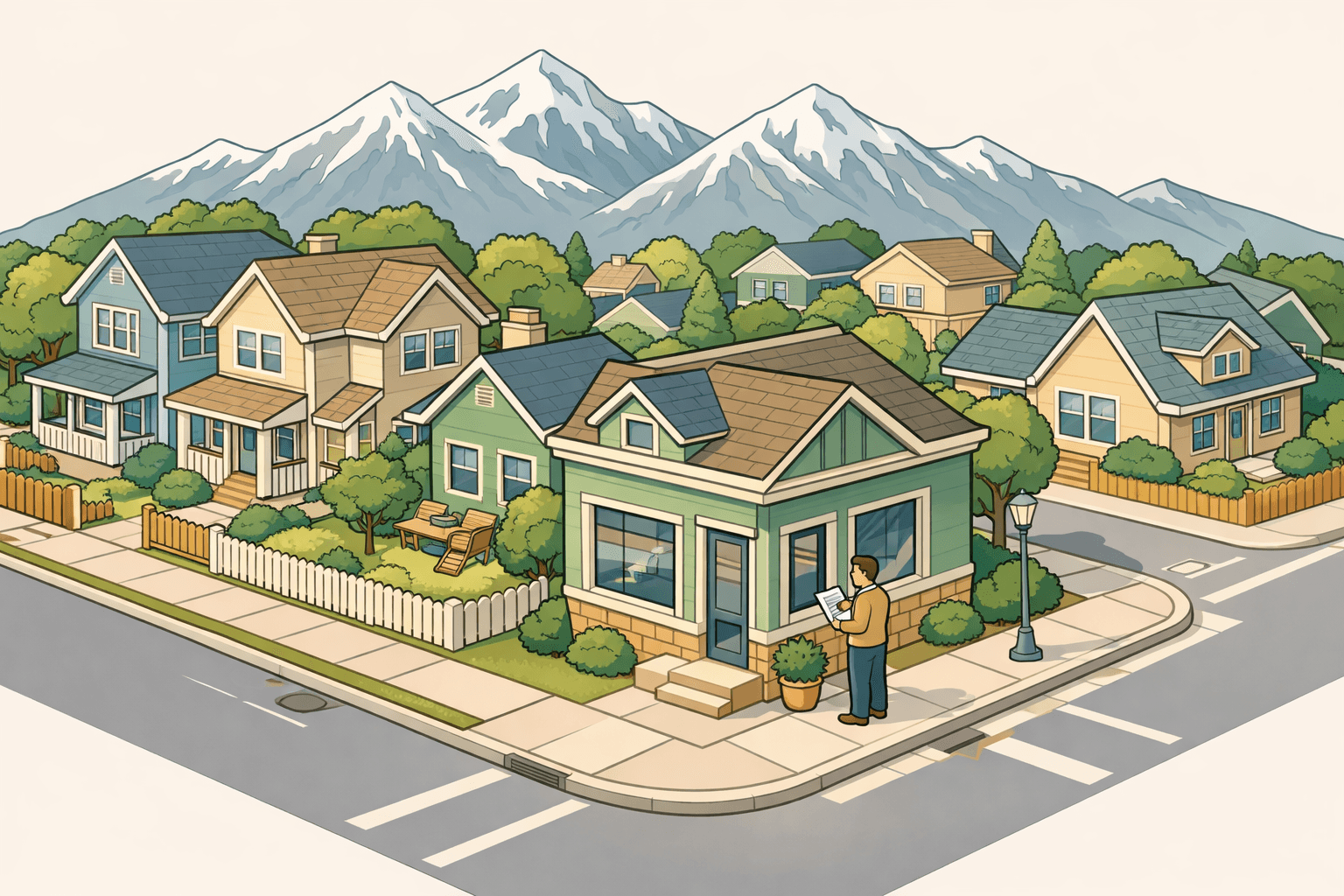 Isometric Colorado mountain town with residential homes and a small mortgage office building, snow-capped peaks in the background.