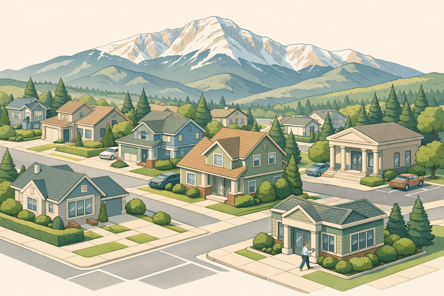 Isometric scene of a Colorado Springs neighborhood with residential homes, a mortgage office, and a mountain peak in the background.