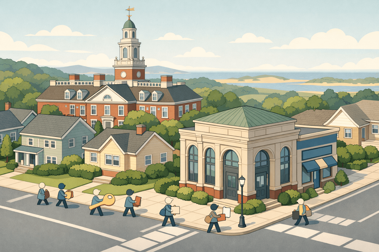 Isometric street scene showing Delaware colonial architecture, a community bank, residential homes, and small figures representing homebuyers and mortgage professionals.