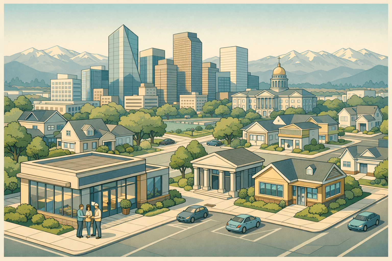Isometric view of Denver with downtown buildings, a mortgage lending office, residential homes, and small figures of homebuyers on the street.