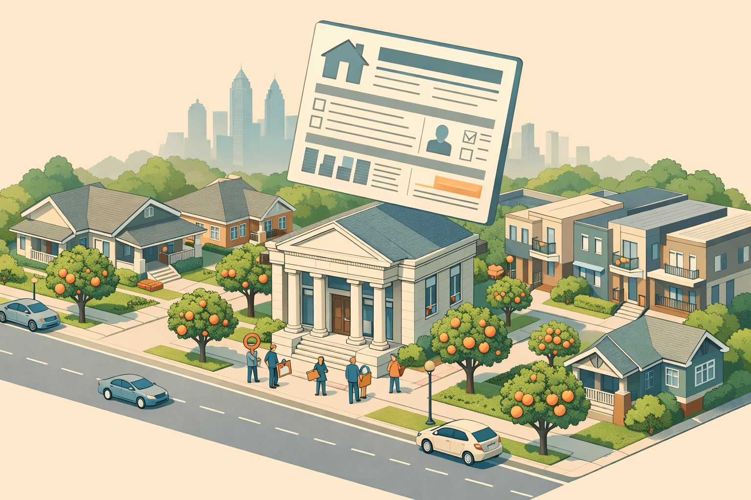 Isometric illustration of a Georgia neighborhood with craftsman homes, a community bank, Atlanta skyline in the background, and small figures near a mortgage office.