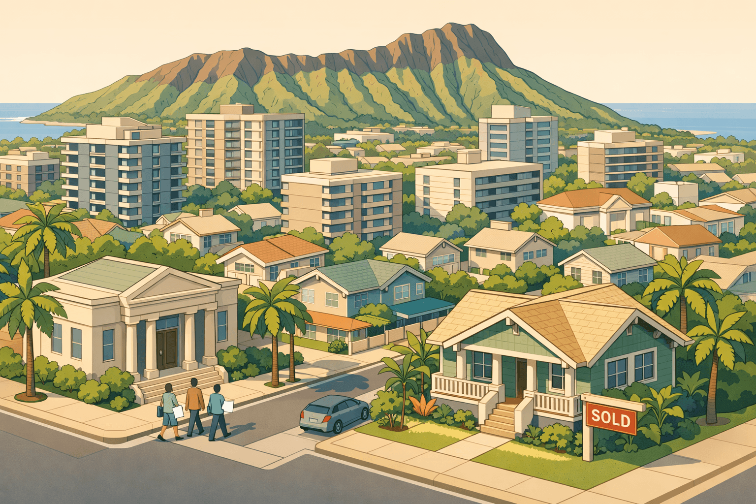 Isometric view of Honolulu with Diamond Head, residential buildings, a local bank branch, and small figures near a home with a sold sign.