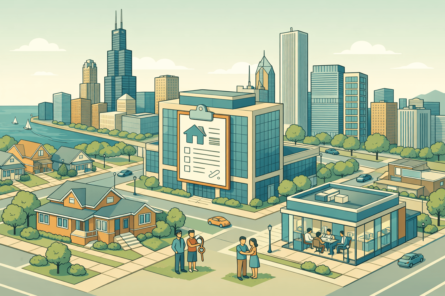 Isometric scene of the Chicago skyline with a bank building, suburban homes, and small figures of homebuyers near a mortgage lending office.