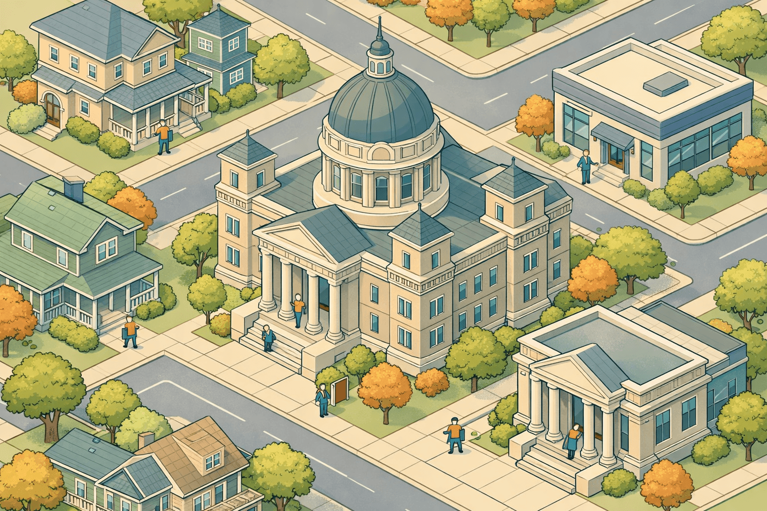 Isometric view of an Indiana town center with a domed civic building, residential homes, a bank, and a mortgage office on tree-lined streets.