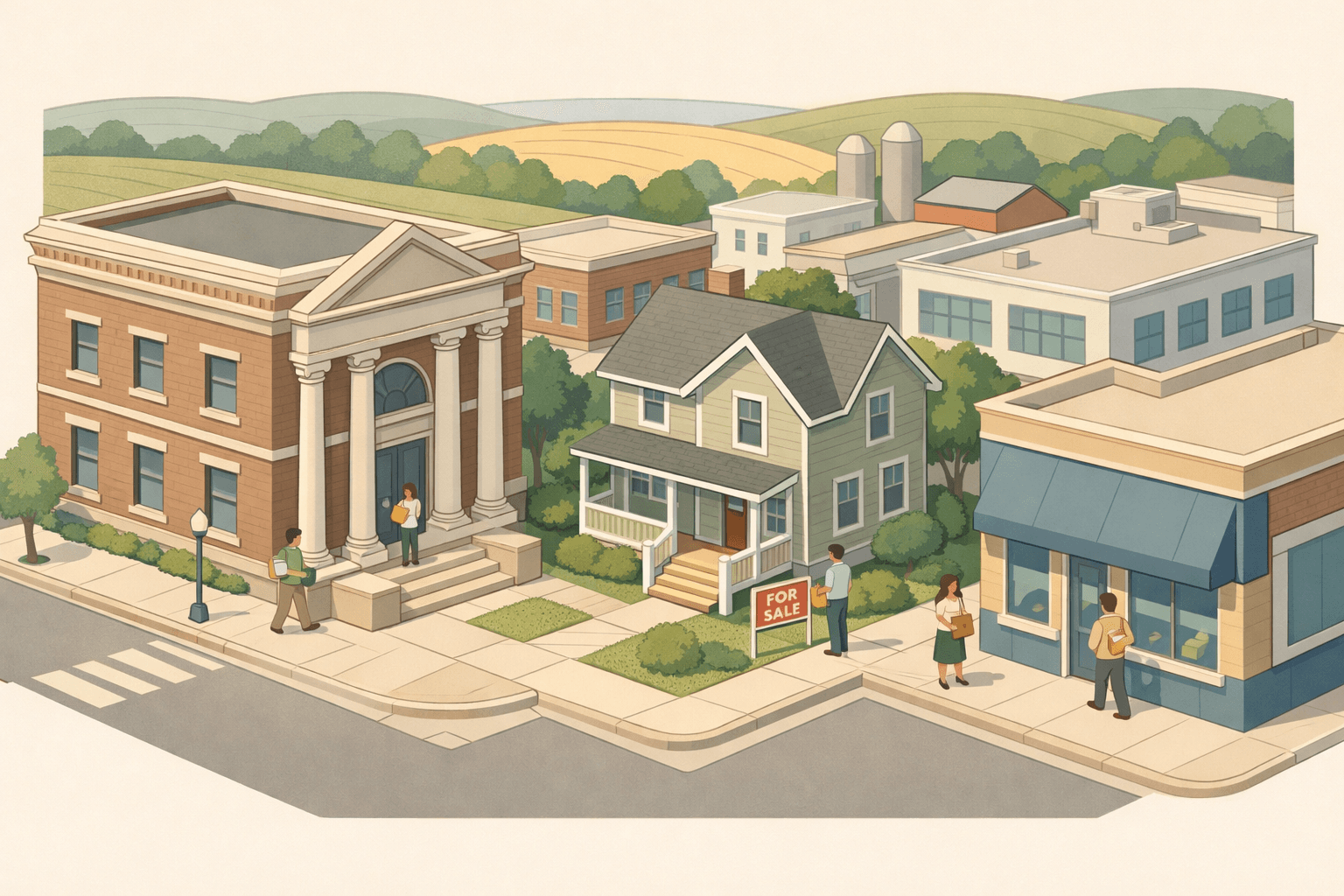Isometric view of an Iowa downtown block with a brick bank, a residential home for sale, and a mortgage office surrounded by rolling farmland.