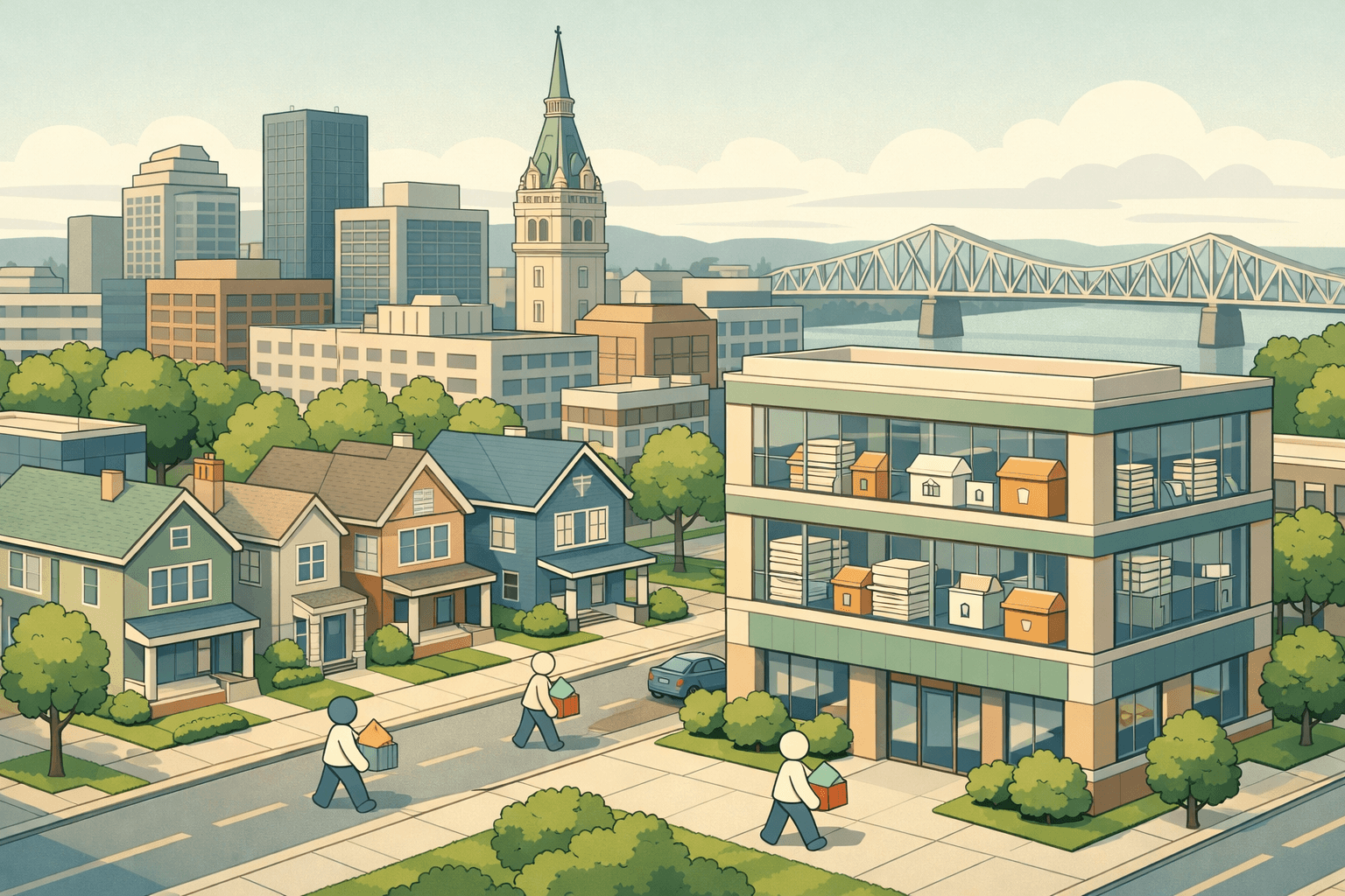 Isometric scene of Louisville buildings and homes with small figures carrying house shapes near a bank office representing conventional mortgage lending.