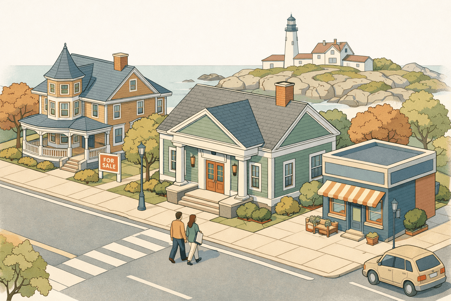 Isometric scene of a Maine coastal town with a bank building, a house for sale, and a lighthouse in the background.
