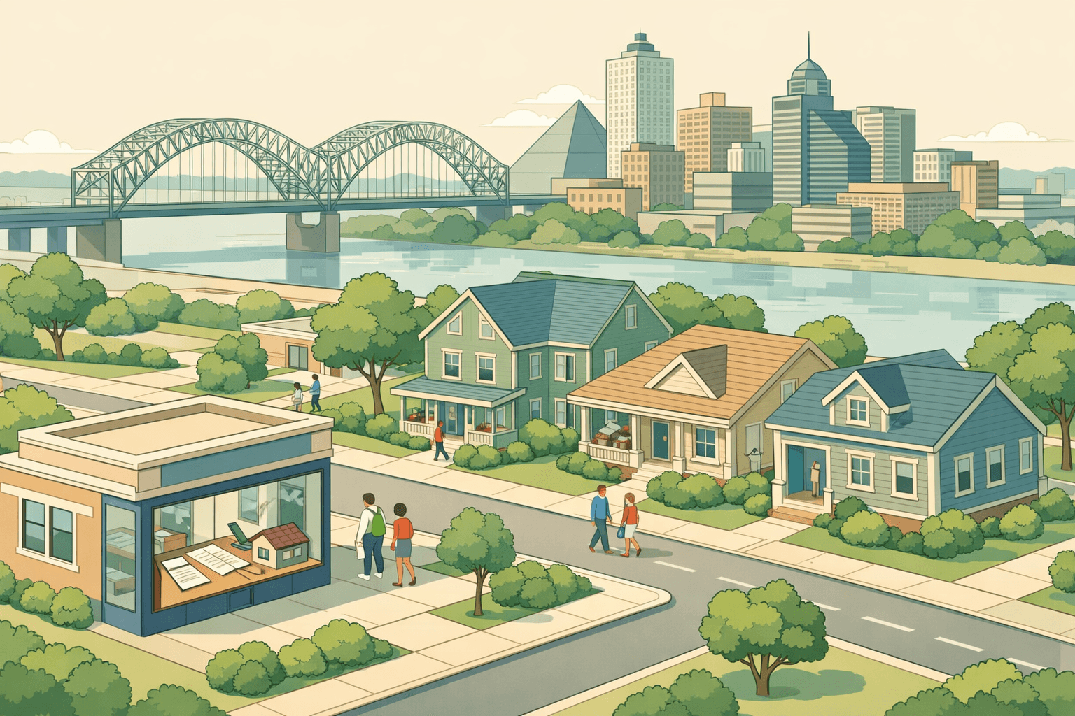 Isometric illustration of Memphis homes and a mortgage office with the city skyline and bridge in the background.