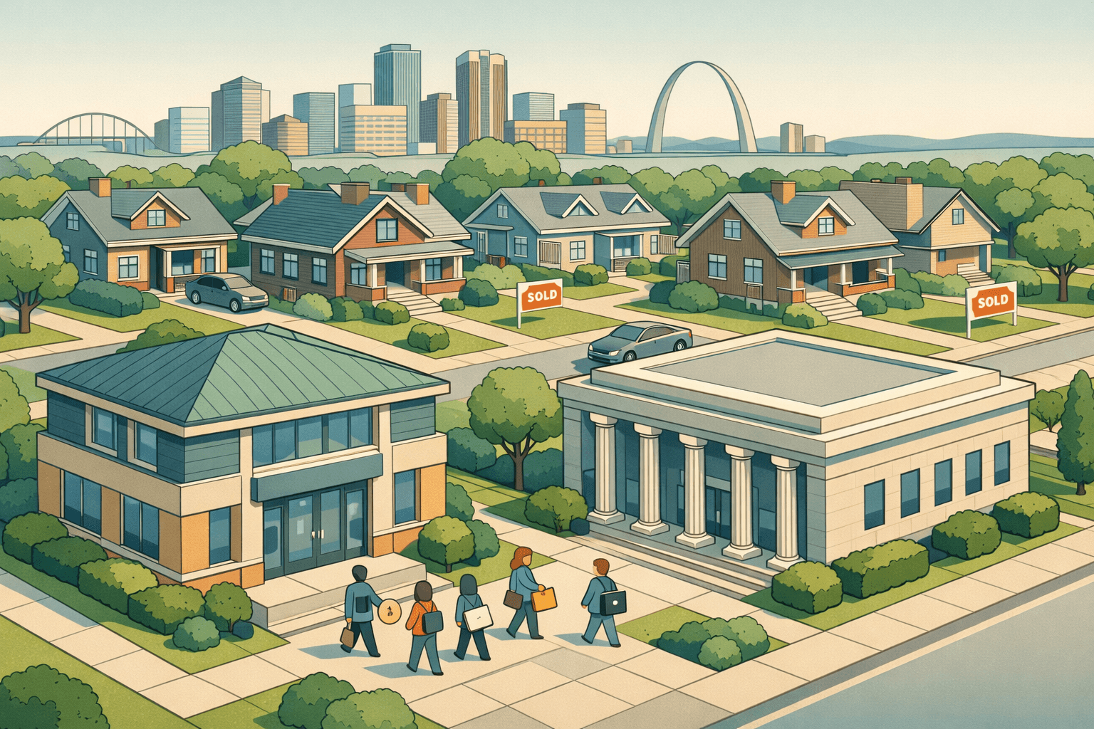 Isometric illustration of a Missouri neighborhood with homes, a mortgage office, and a distant city skyline featuring a stylized arch landmark.
