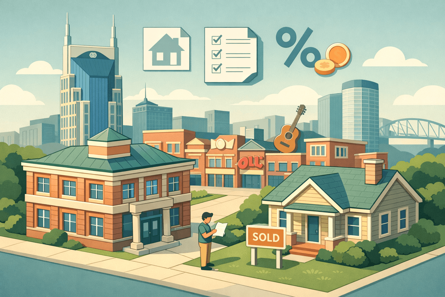 Isometric Nashville skyline with a bank building, a home with a sold sign, and a small figure reviewing mortgage documents outside.