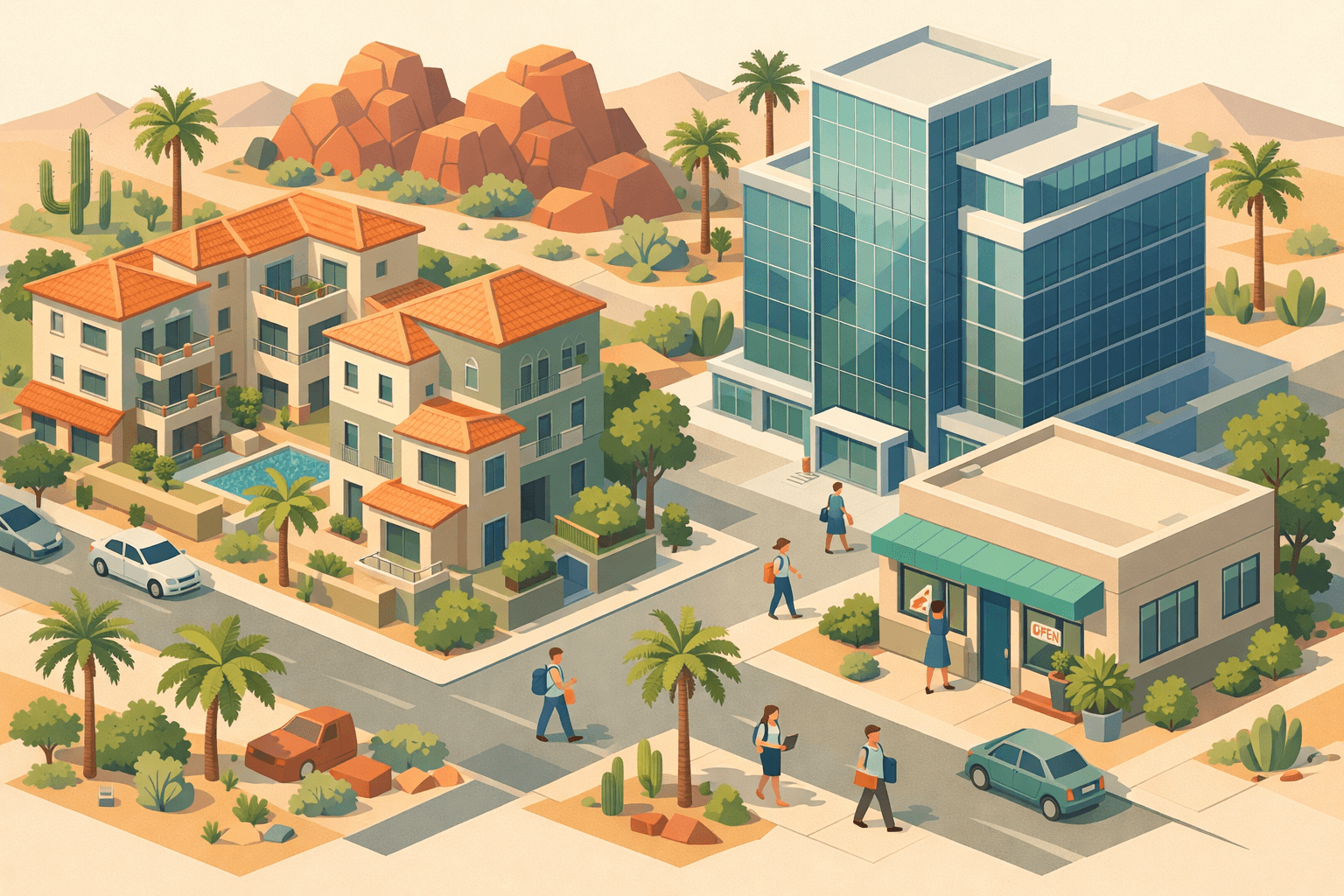 Isometric view of a Nevada neighborhood with desert homes, a bank building, and a mortgage office surrounded by palm trees and red rock scenery.