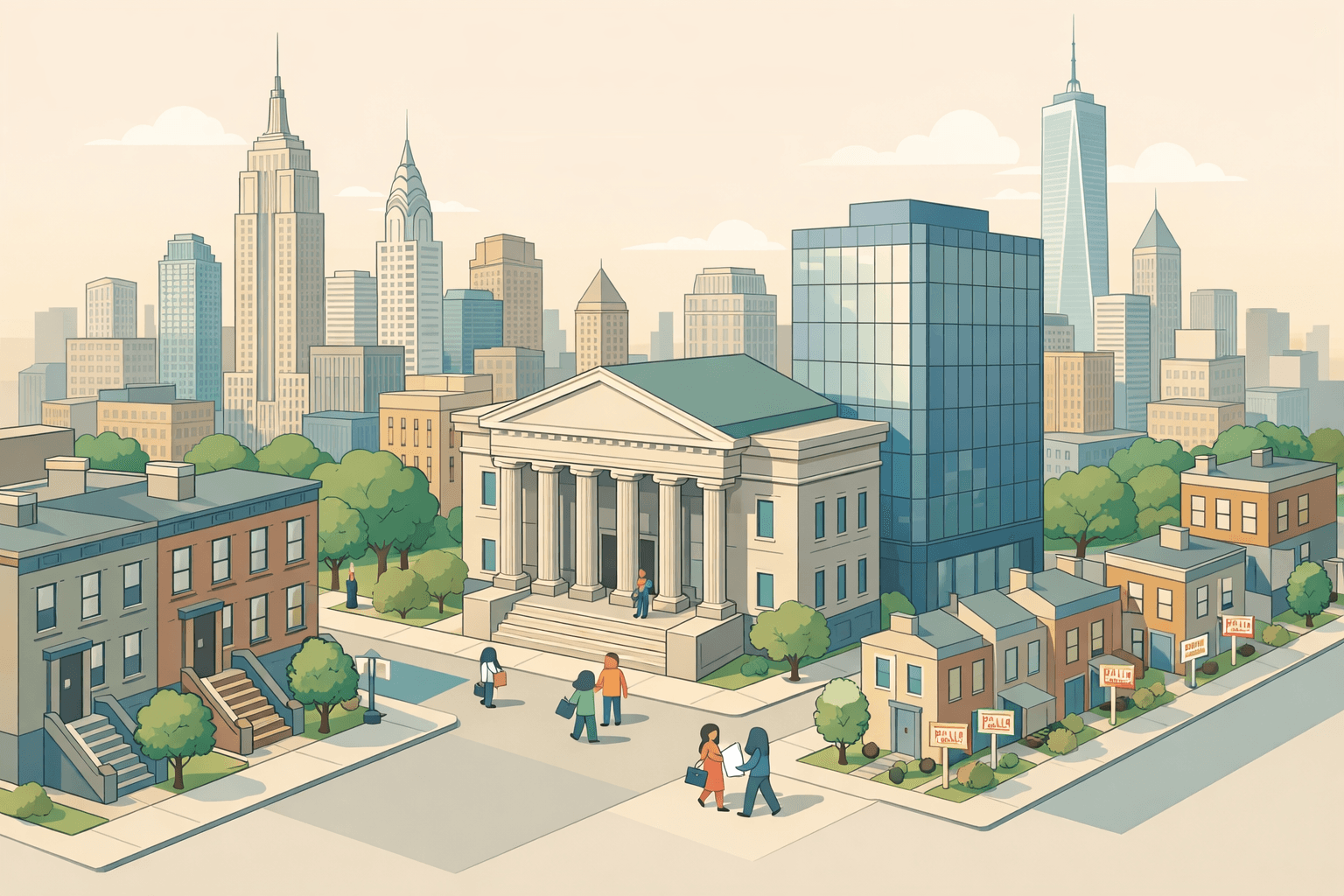 Isometric view of New York City buildings with a bank, residential brownstones, and small figures representing homebuyers approaching a lending institution.