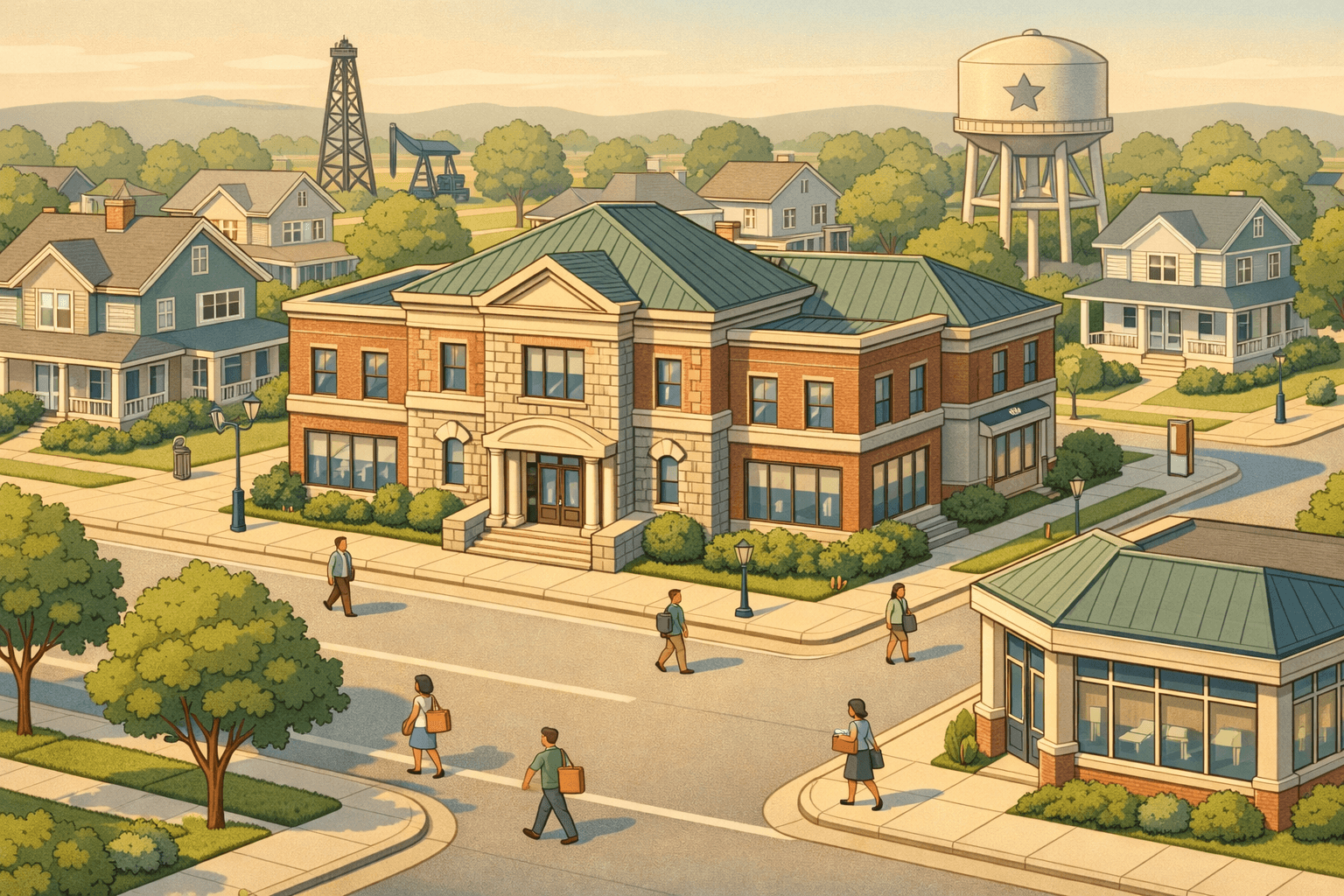 Isometric view of an Oklahoma town center with a bank building, suburban homes, an oil derrick, and small figures walking along a main street.