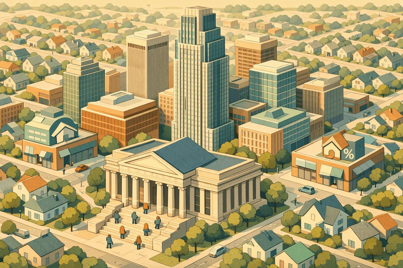Isometric view of Omaha downtown buildings and residential neighborhoods with a prominent bank and small figures representing homebuyers approaching.