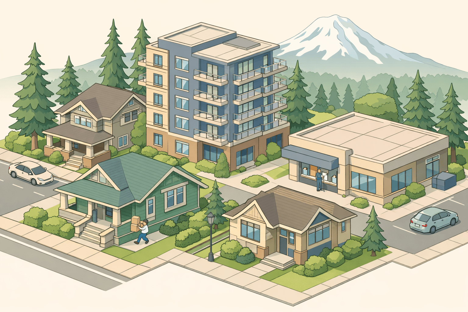 Isometric scene of Oregon neighborhood with Craftsman homes, a credit union branch, a mortgage office, evergreen trees, and a distant mountain.