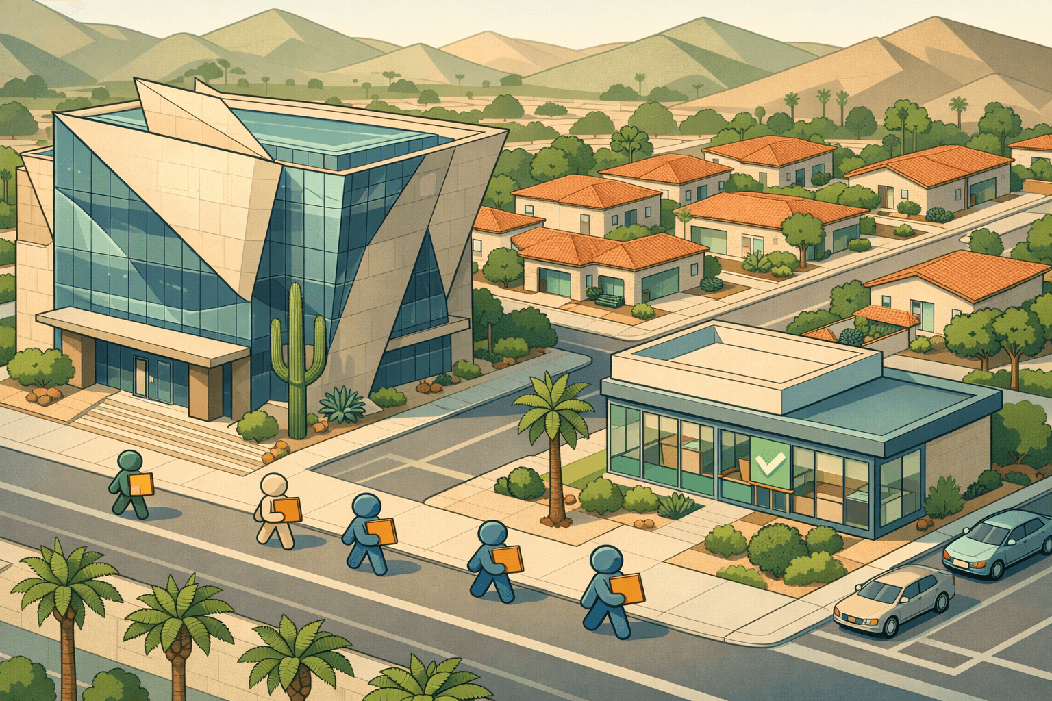 Isometric view of a Phoenix neighborhood with a bank building, stucco homes, palm trees, and small figures walking near a mortgage office.