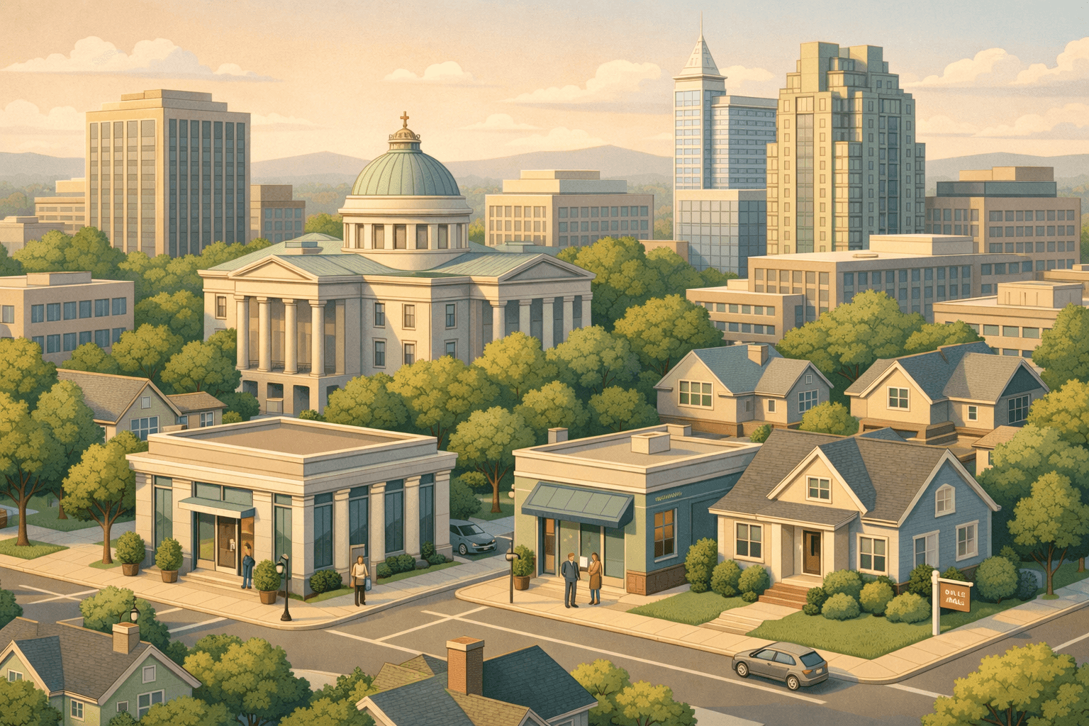 Isometric view of Raleigh buildings including a capitol dome, residential homes, a community bank, and a mortgage office on a tree-lined street.