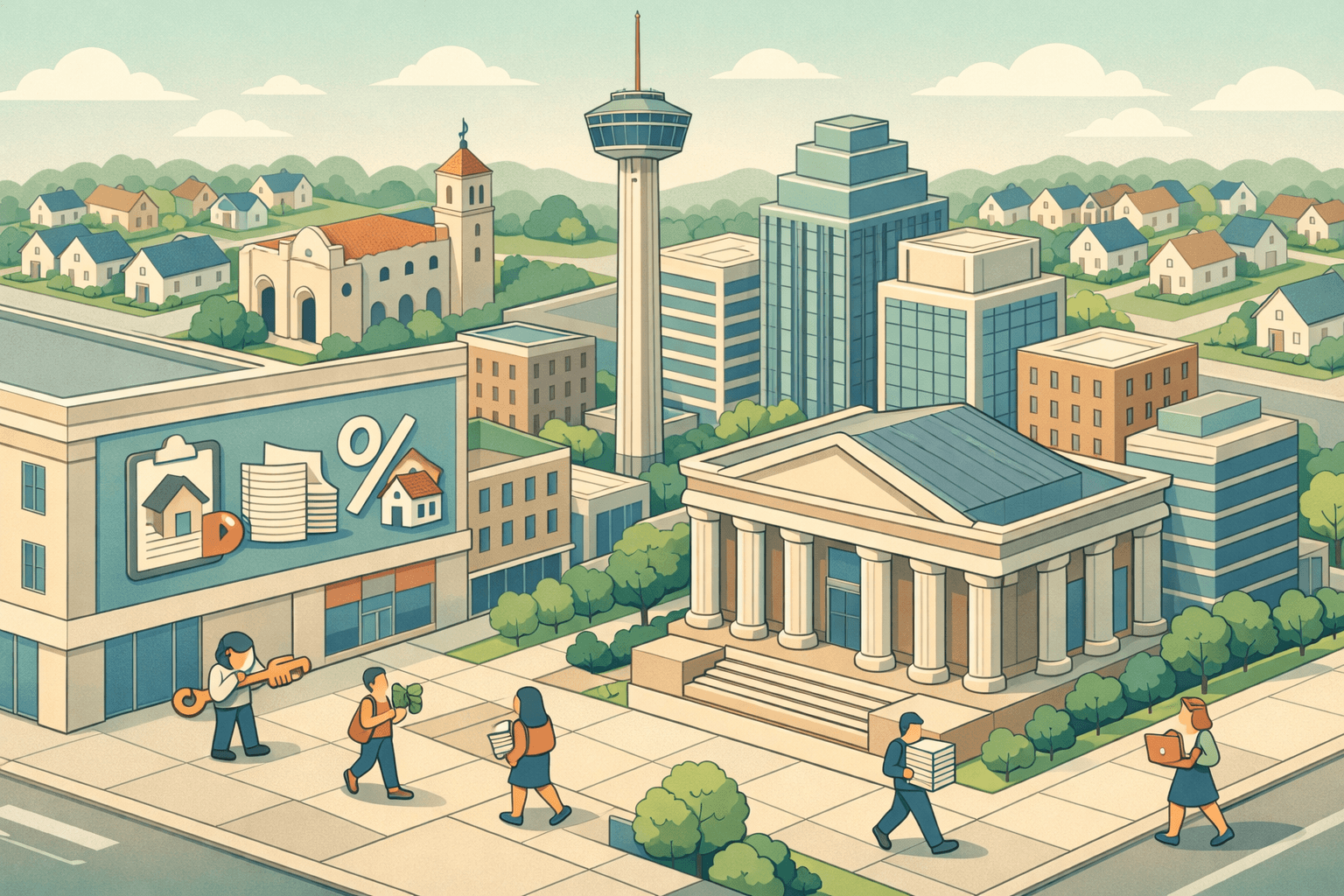 Isometric view of San Antonio with the Tower of the Americas, a bank building, residential homes, and small figures carrying house keys and documents.