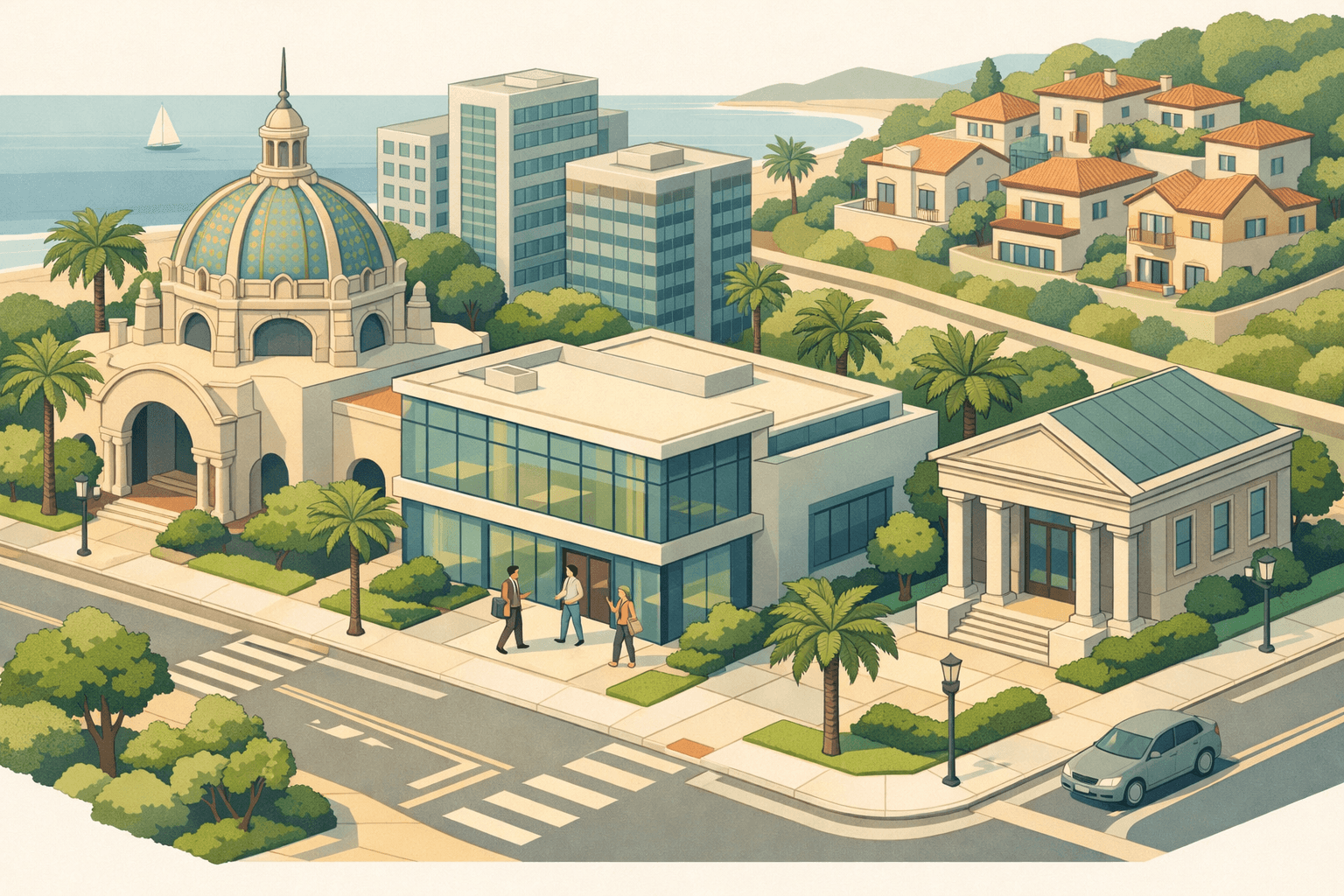 Isometric illustration of a San Diego mortgage lending office near a coastal cityscape with residential homes and small figures carrying documents.