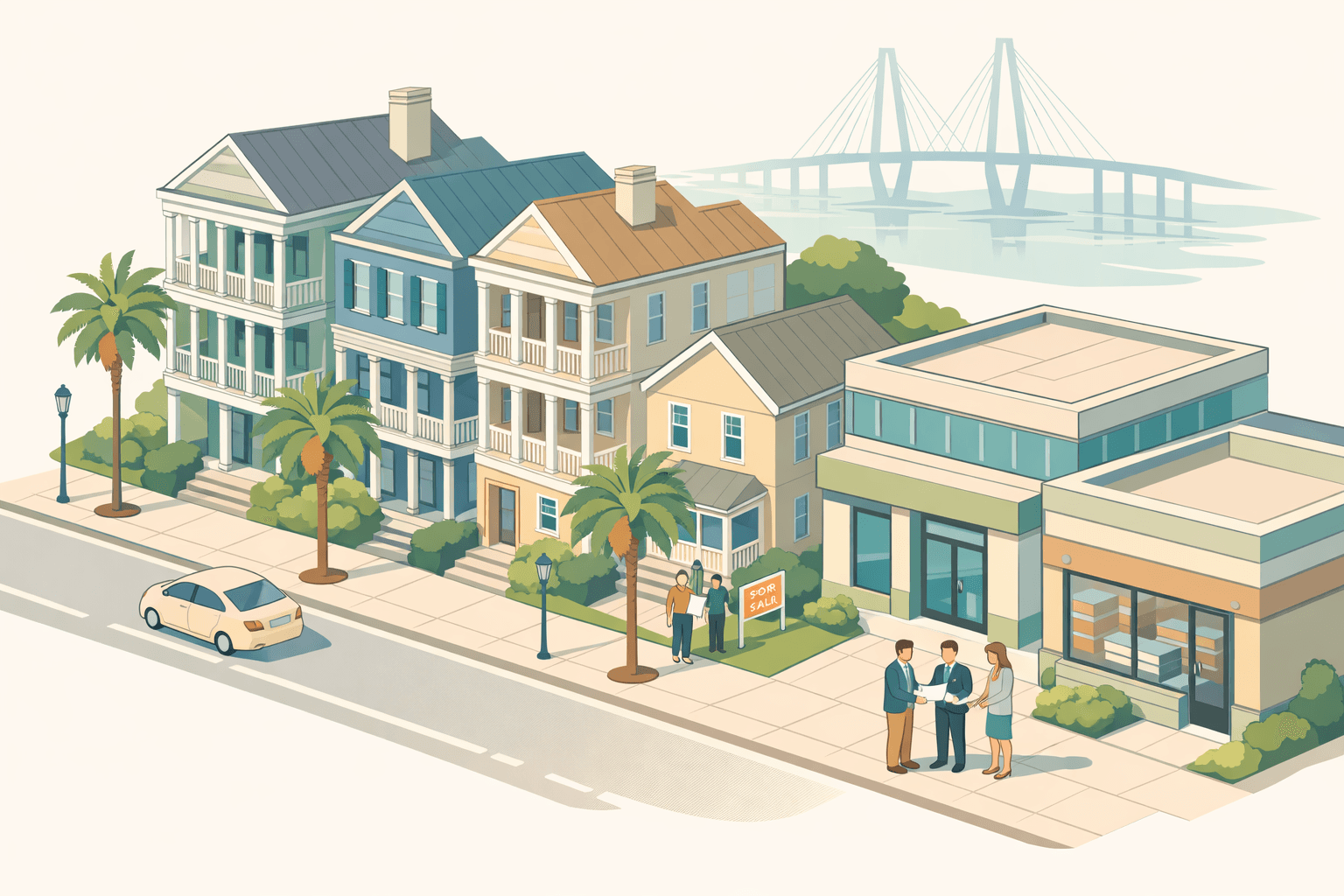Isometric illustration of a South Carolina streetscape with historic buildings, a mortgage office, residential property, and small figures exchanging documents.